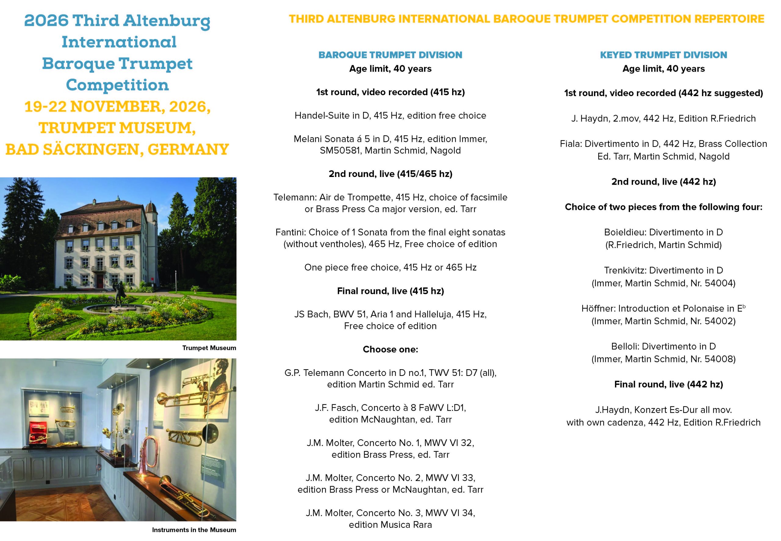 Ausschreibung mit dem Wettbewerbsrepertoire für Barocktrompete und Klapptrompete