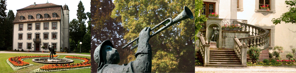 Bildcollage: Schloss Schönau mit Park und Brunnen, die Bronzefigur eines Trompeters und die Freitreppe des Schlosses